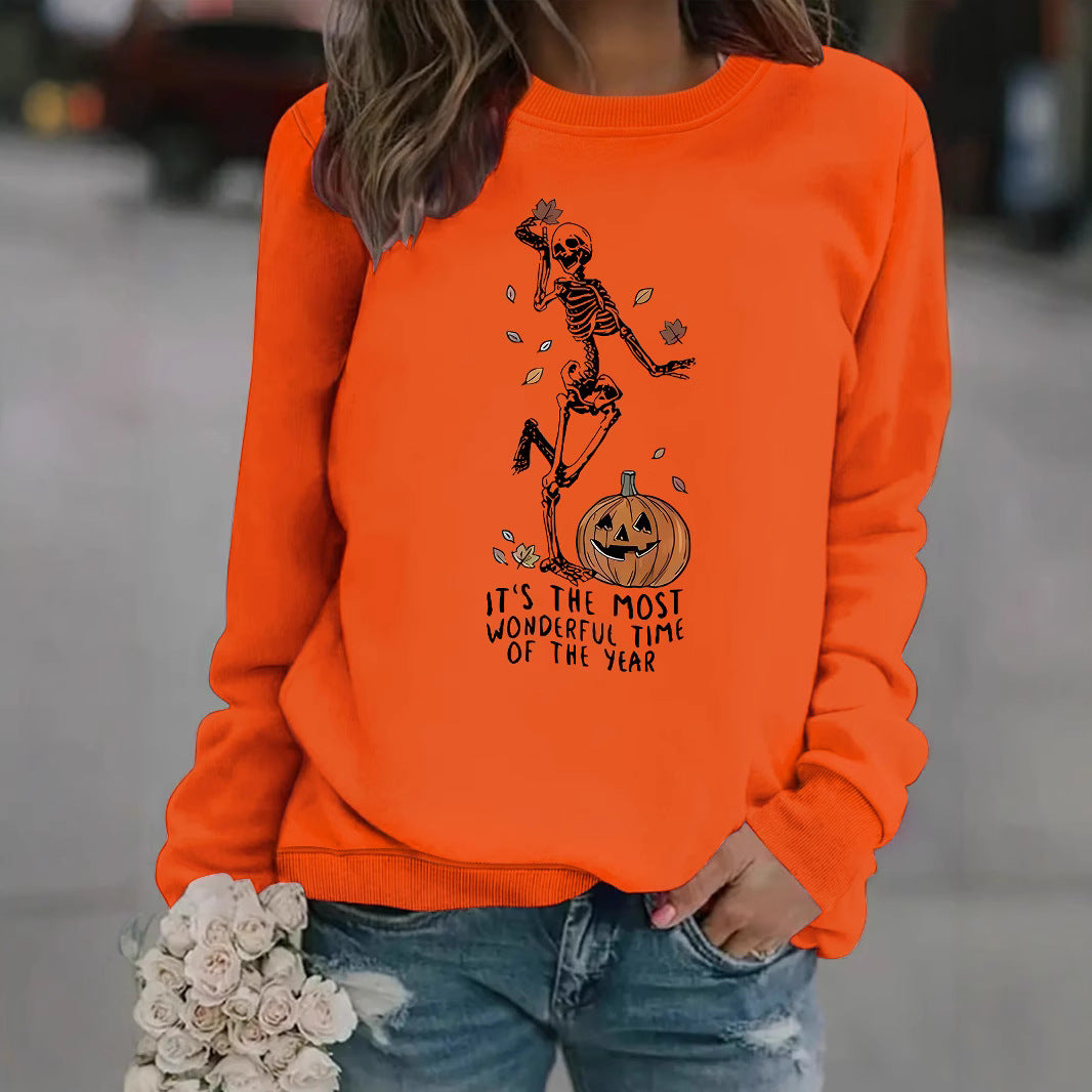 Pumpkin Skull Printed Round Neck Halloween Hoodie