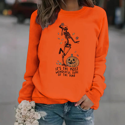 Pumpkin Skull Printed Round Neck Halloween Hoodie