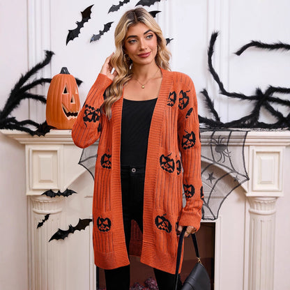 Halloween pumpkin head jacquard knitted cardigan jacket sweater