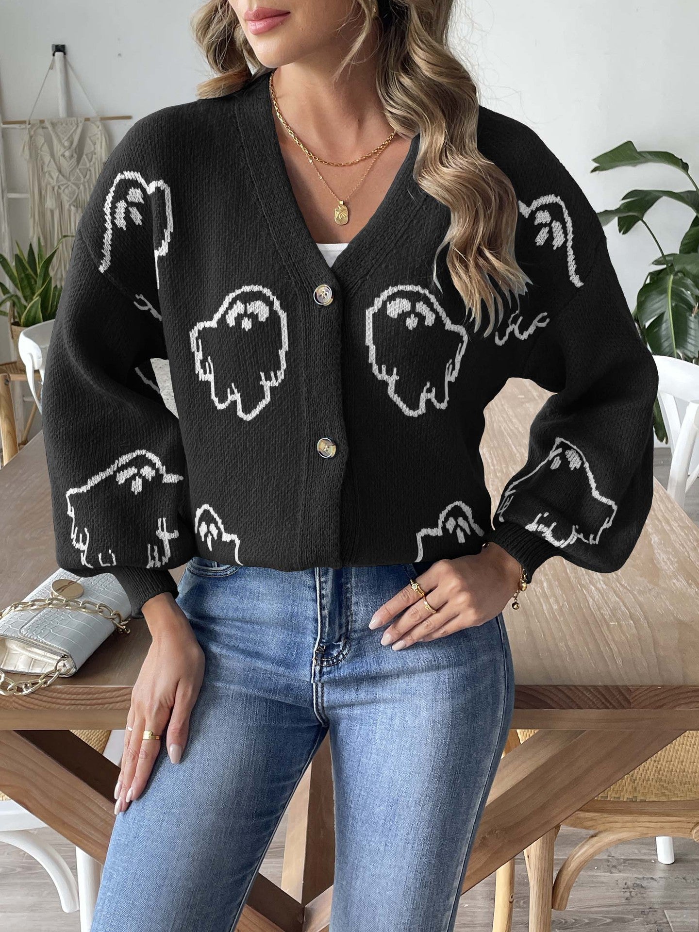 Casual button sweater cartoon jacquard cardigan for women