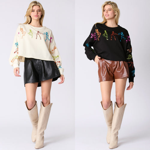 Loose Hoodie with Skeleton Sequin Design Long Sleev, Round Neck