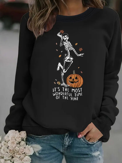 Pumpkin Skull Printed Round Neck Halloween Hoodie