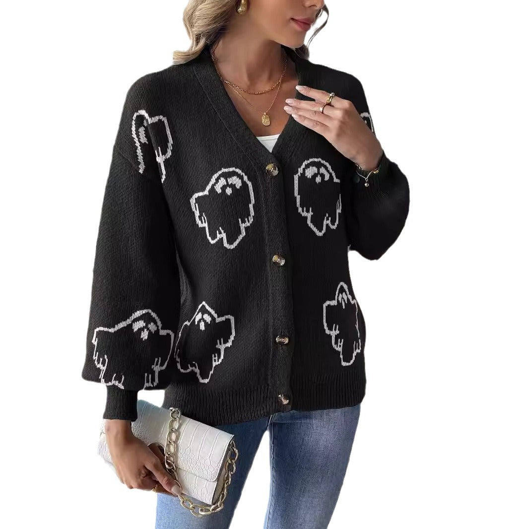 Casual button sweater cartoon jacquard cardigan for women