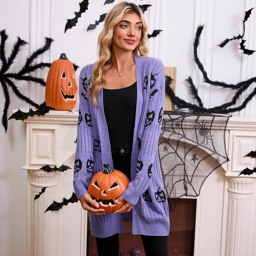 Halloween pumpkin head jacquard knitted cardigan jacket sweater