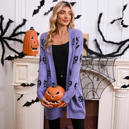 Halloween pumpkin head jacquard knitted cardigan jacket sweater
