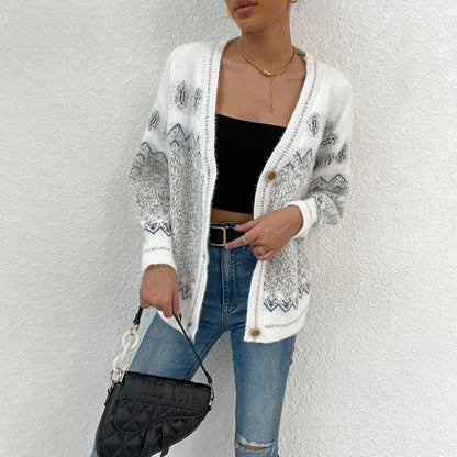 Geometric wave jacquard contrasting color V-neck single breasted casual knitted jacket for women