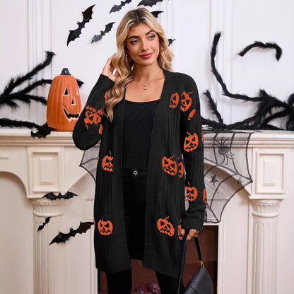 Halloween pumpkin head jacquard knitted cardigan jacket sweater