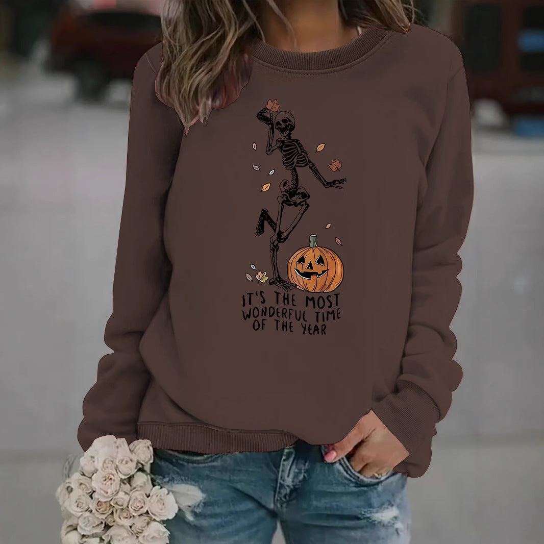 Pumpkin Skull Printed Round Neck Halloween Hoodie