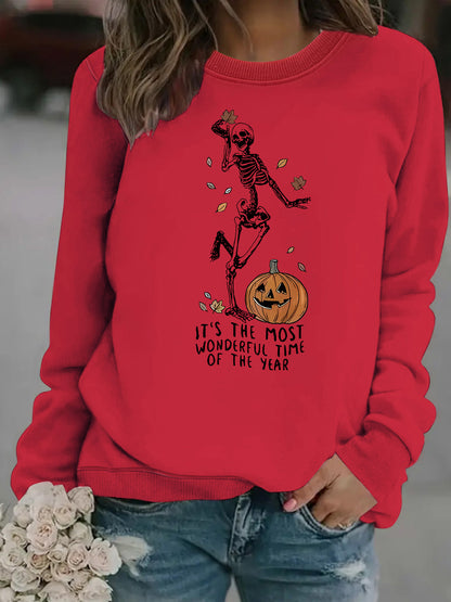 Pumpkin Skull Printed Round Neck Halloween Hoodie
