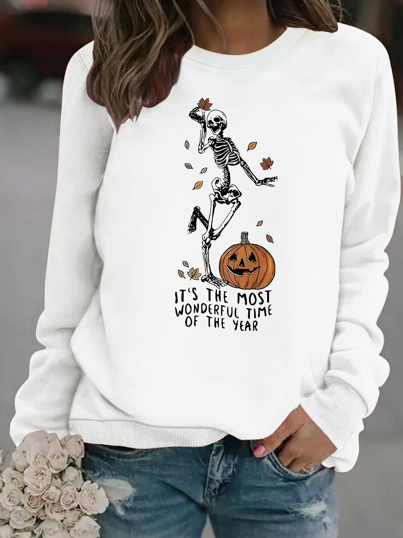 Pumpkin Skull Printed Round Neck Halloween Hoodie