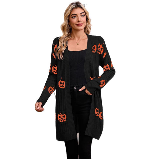 Halloween pumpkin head jacquard knitted cardigan jacket sweater