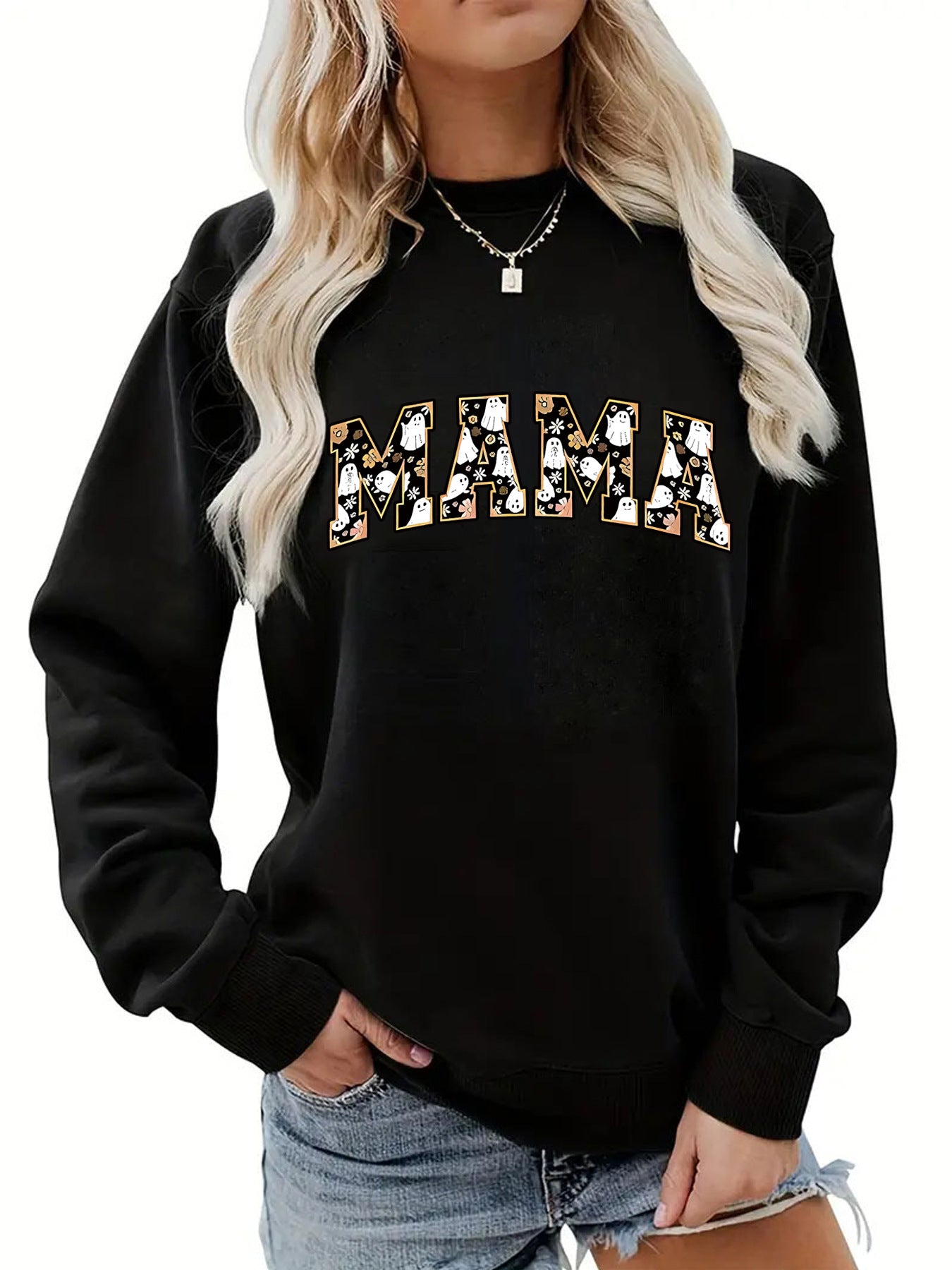Back collar fleece hoodie round neck MAMA Halloween