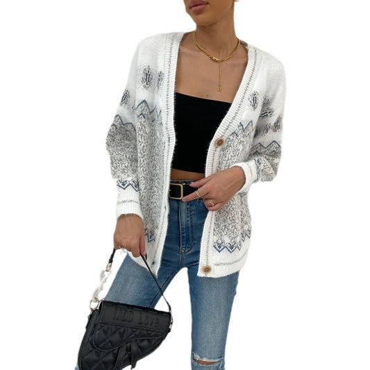 Geometric wave jacquard contrasting color V-neck single breasted casual knitted jacket for women