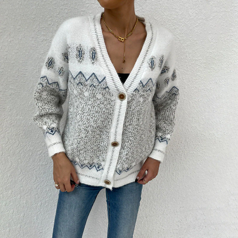 Geometric wave jacquard contrasting color V-neck single breasted casual knitted jacket for women