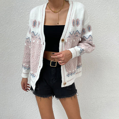 Geometric wave jacquard contrasting color V-neck single breasted casual knitted jacket for women