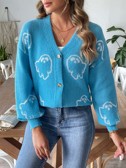 Casual button sweater cartoon jacquard cardigan for women