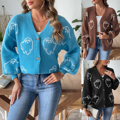 Casual button sweater cartoon jacquard cardigan for women